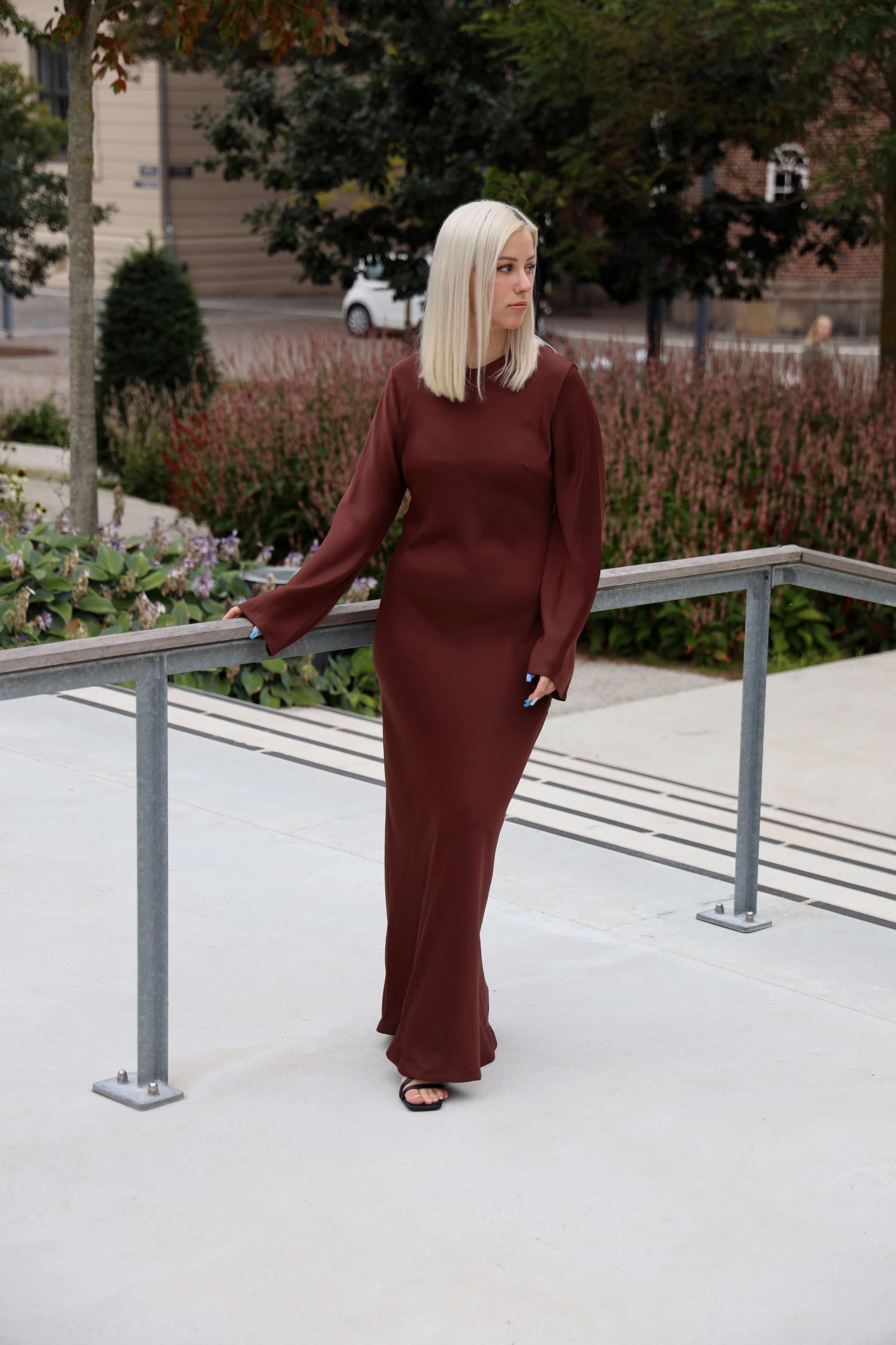 Flowy Satin Dress - Dark Red Brown