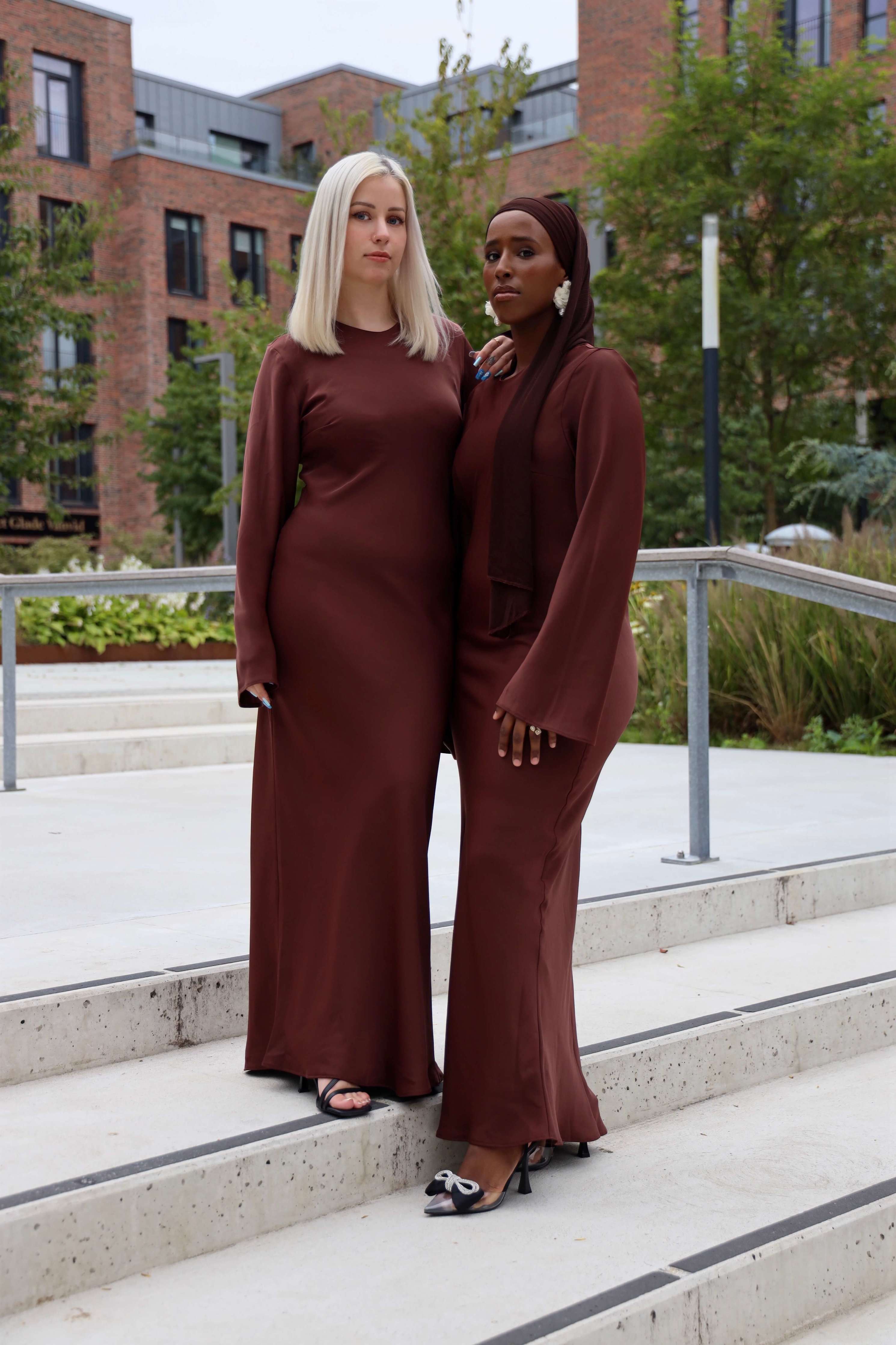 Flowy satin dress dark red brown models