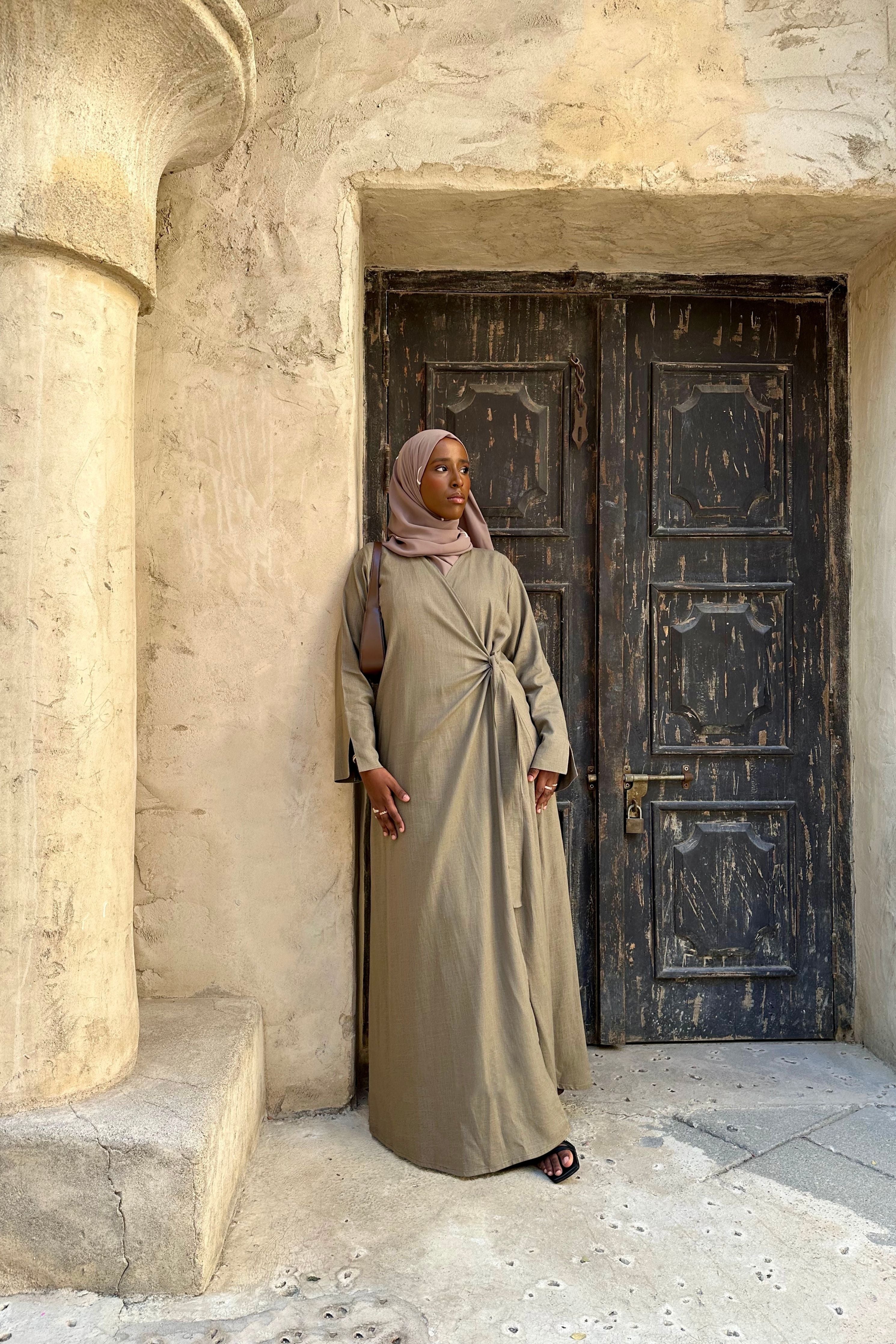 Linen Khaki Abaya with Wrap Detail and Moon Hijab