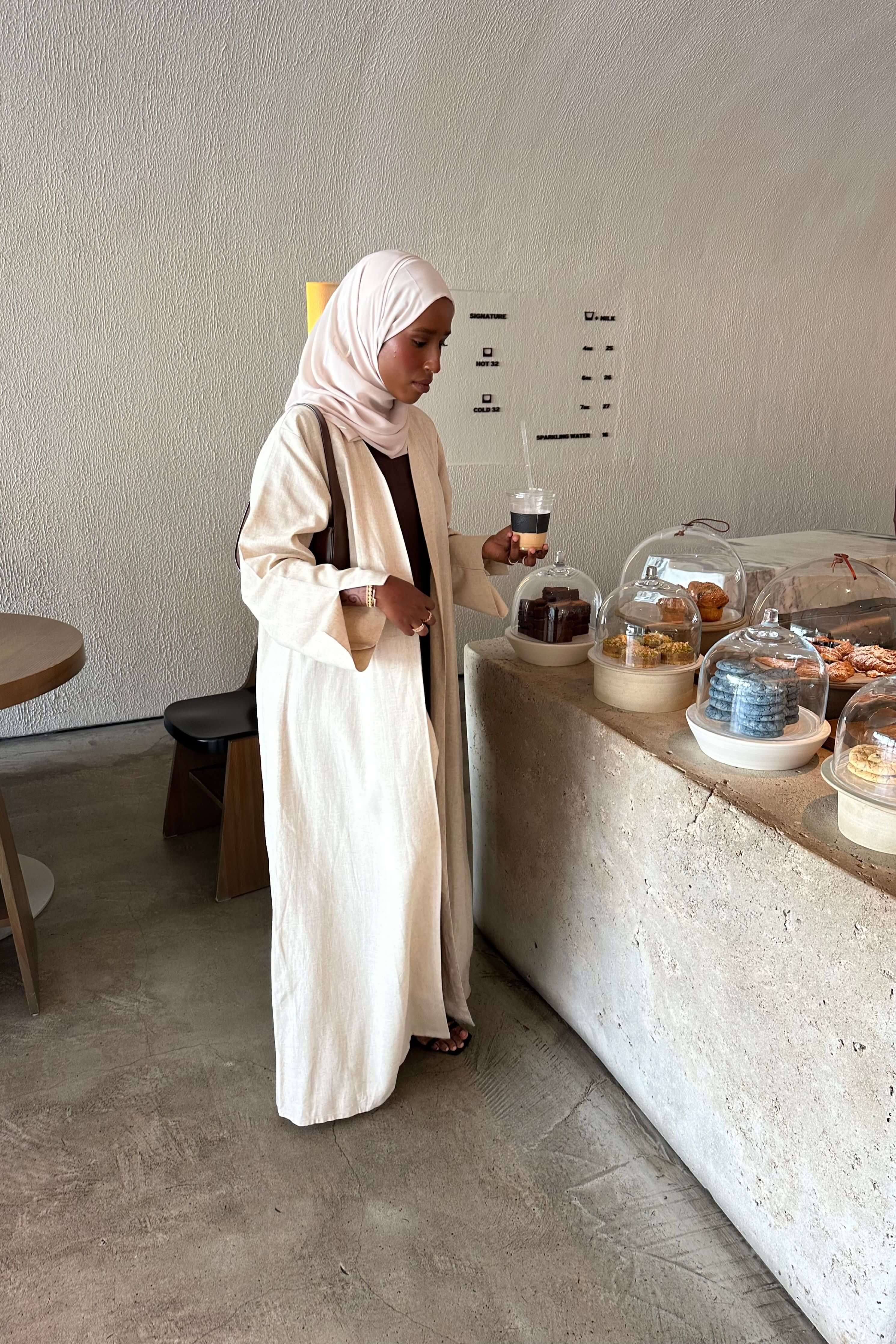 Open Linen Beige Abaya With Moon Hijab Set Side