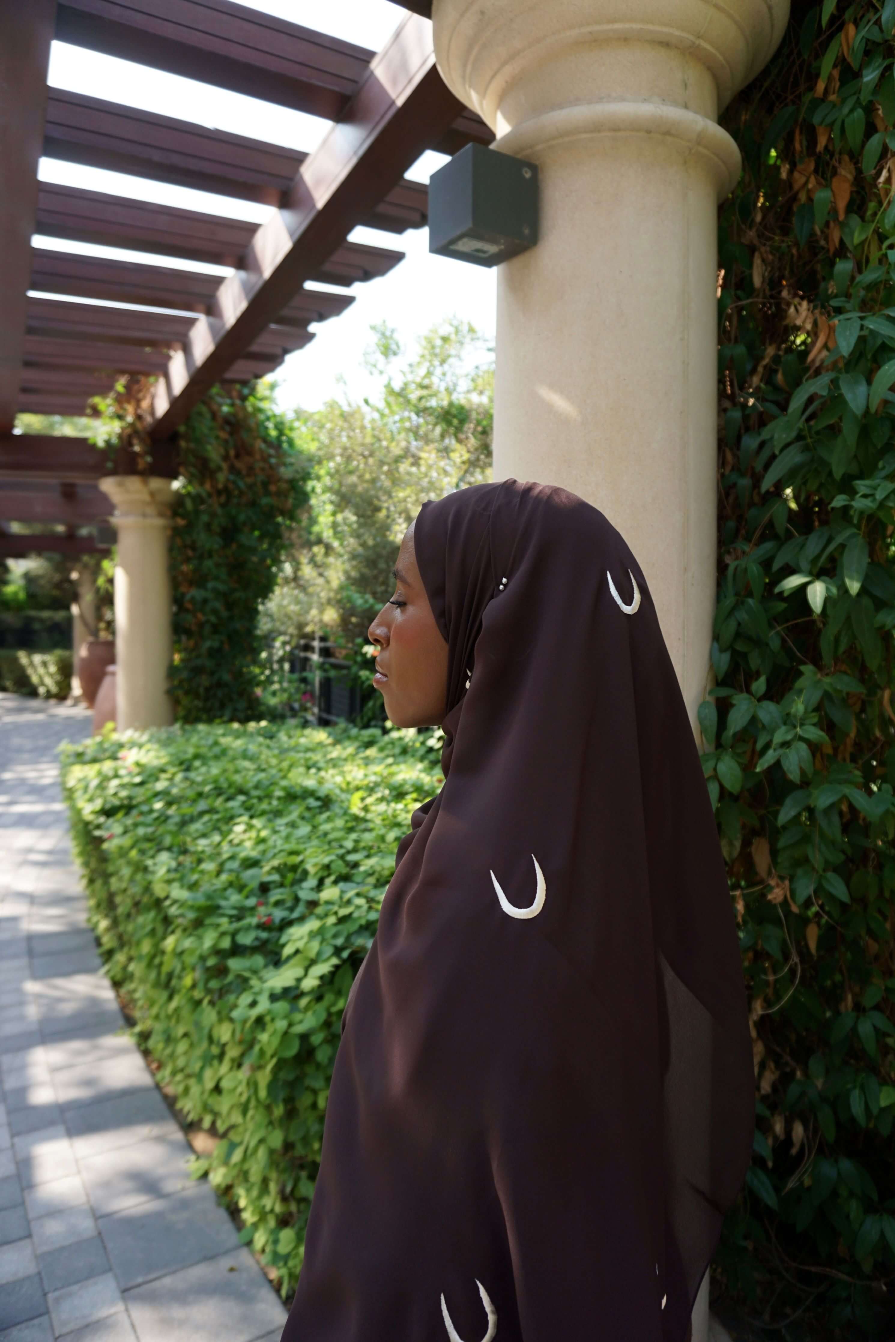 Linen Dark Chocolate Abaya With Wrap Detail And Moon Hijab 