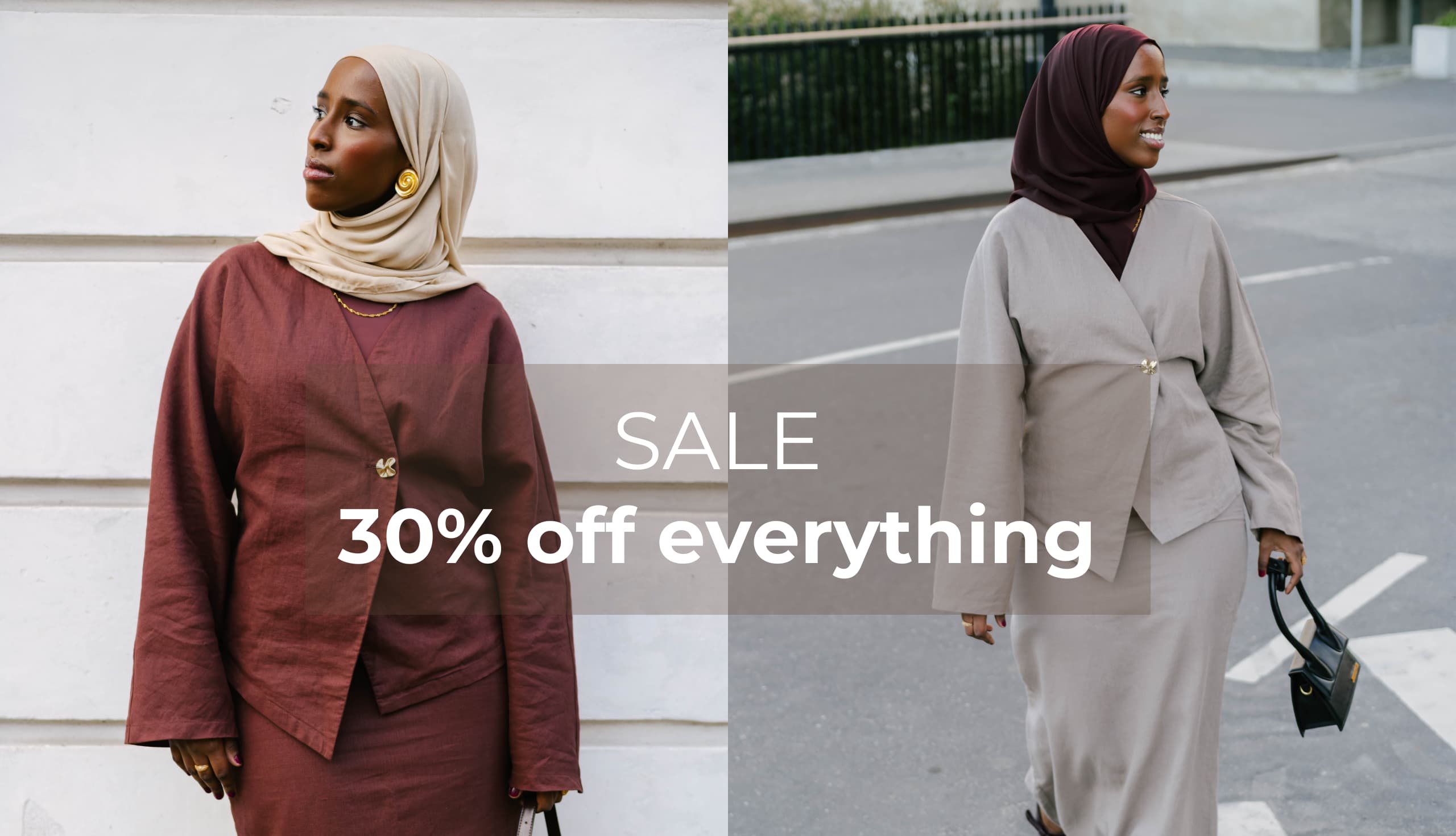 Two women wearing hijabs with a sale banner overlay.